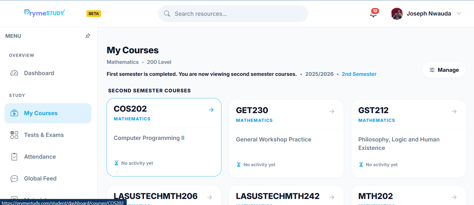 PrymeStudy course overview showing structured course workspace